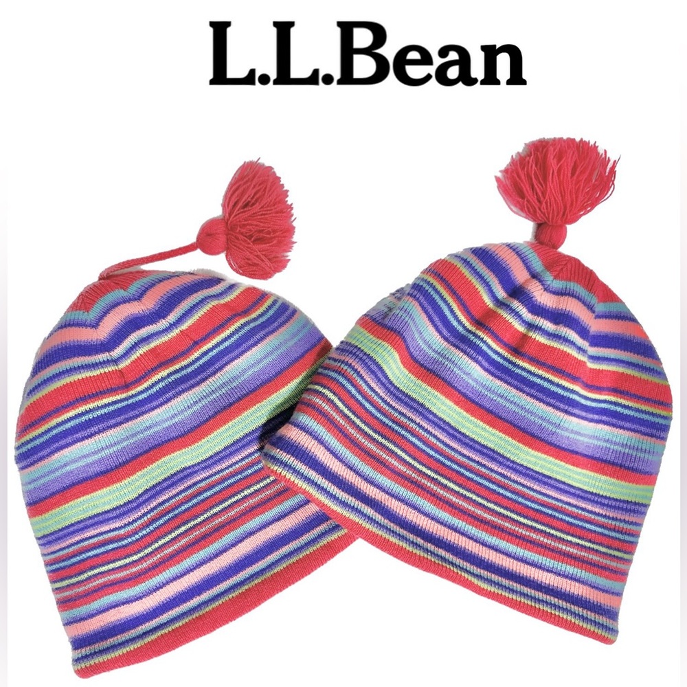 L. L. Bean (2) Kids Tassle Multi Colored Striped Fleece Hats Lined Size Kids M